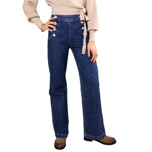 GRACE & MILA Paris High‎ Waist Sailor Button Full Length Dark Blue Denim Jeans M